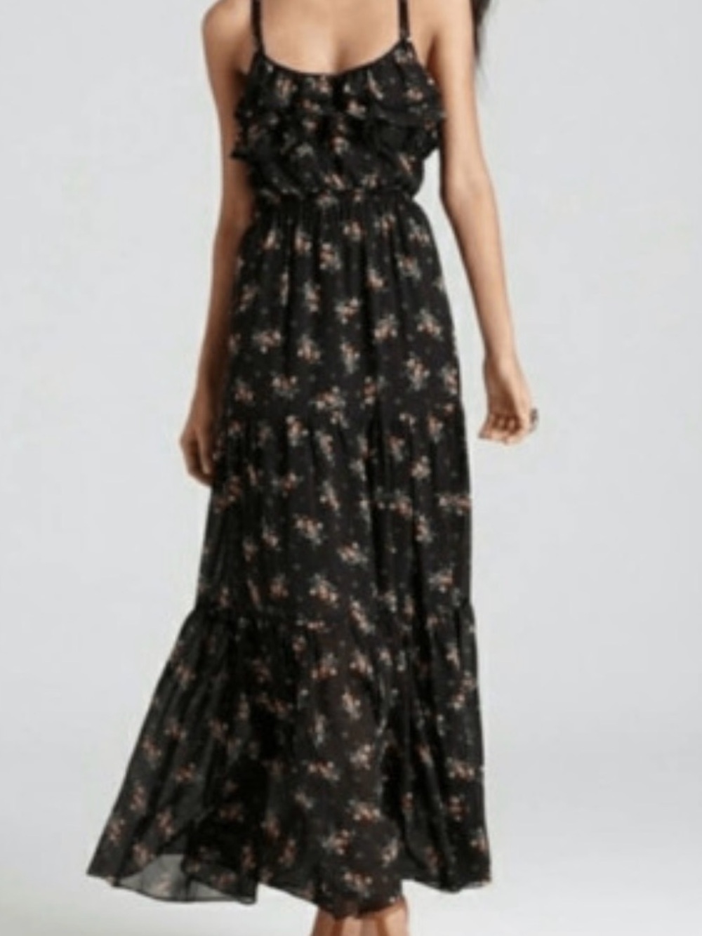 Guess Black Floral Spaghetti Strap Dress with Green and Pink Accents